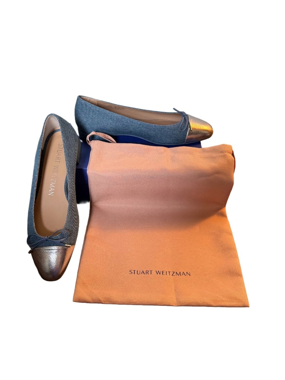 Stuart Weitzman Sleek Bow Denim Ballerina Flat Silver Cap Toe Size 9 - Picture 6 of 7